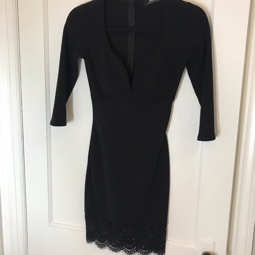 LULUS black plunge neck dress with lace trim